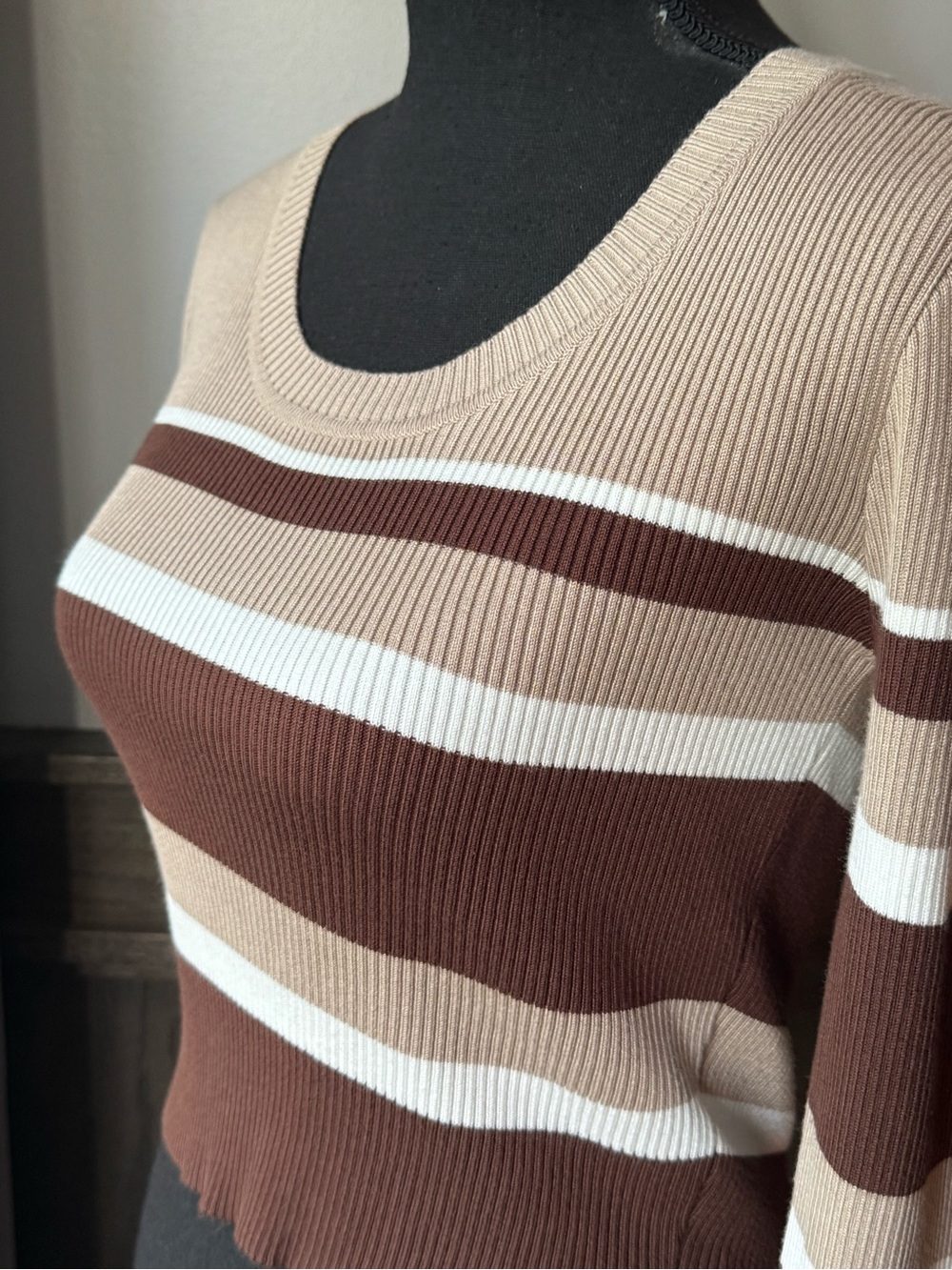 The Slope Striped Scoop-Neck Ribbed Sweater in Brown, Cream & Tan medium - Picture 2 of 7